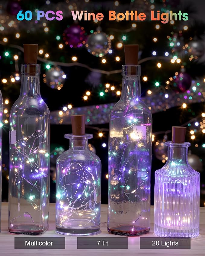 Hortsun 60 Pack Wine Bottle LED Lights with Cork Fairy Mini String Lights Battery Operated Mini Waterproof 7 ft Silver Wire 20 LED Cork Shape for Valentines, DIY, Party, Decor, Wedding (Multicolor)