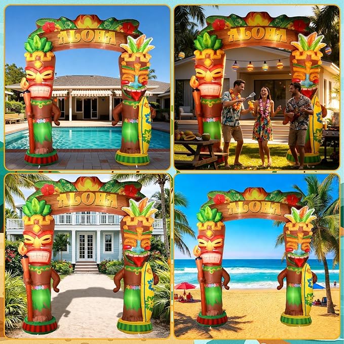 10Ft Hawaiian Tiki Inflatables Luau Party Inflatable Decor Tiki Inflatable Arch with Built-in LED Lights Blow Up Archway Decor for Summer Tropical Aloha Birthday Beach Pool Party Yard Lawn Supplies