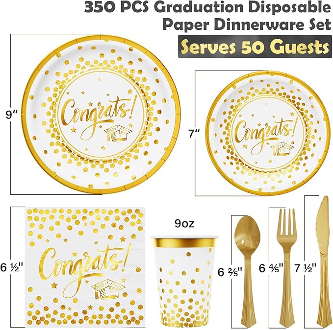 Ecomore 2026 Graduation Party Decoration - 350 PCS White Gold Grad Supplies Disposable Dinnerware (Severs 50) w/Congrats Paper Plates Napkin Cup Plastic Cutlery for College High School Class of 2026