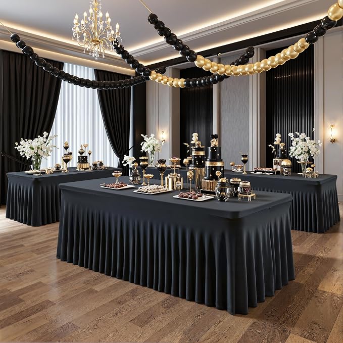 4 Pack 6ft Black Spandex Tablecloths for Rectangle Tables Wrinkle Free Black Rectangle Table Cloths Stretch Fitted Table Cover with Skirt for Wedding Birthday Party Banquet Baby Shower Buffet Event