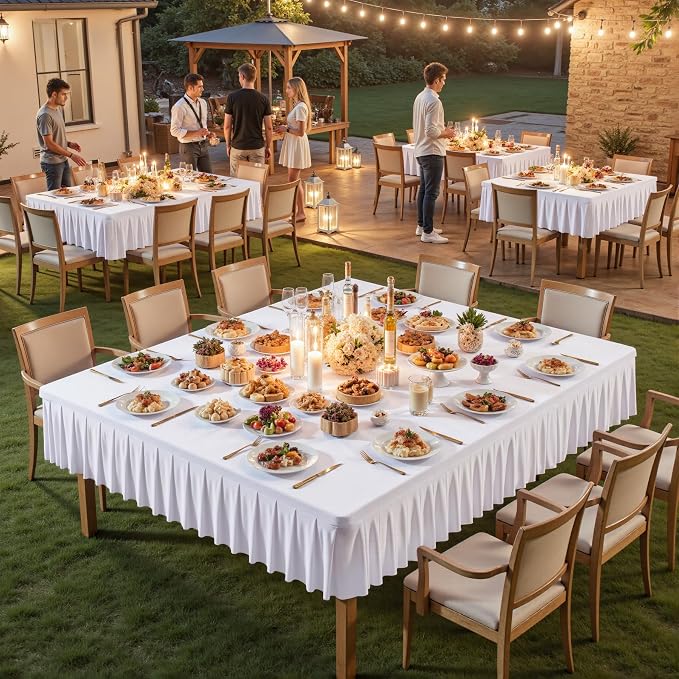 Wish Care White Spandex Tablecloths for 60x60 Inch Square Tables, Stretch Fitted Table Clothes with Pleated Ruffle Skirt for 60” Table, Wrinkle Free and Elastic, for Party Kitchen Home Dining