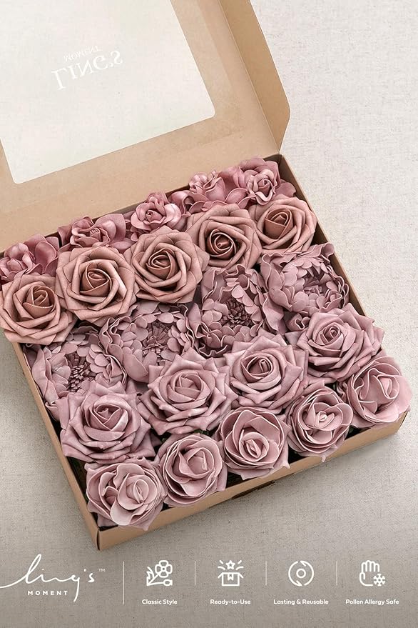 Ling's moment Artificial Flowers Fake Roses Faux Foam Peonies Combo for DIY Wedding Bouquets Centerpieces Arrangements Bridal Shower Party Home Decorations, Dusty Rose, 23pcs