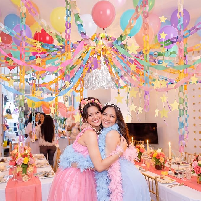 Blueweenly Fancy Princess Birthday Party Decorations Paper Chain Garland Strip Ceiling Party Classroom Decor Crepe Streamer Glitter Star Chandelier Balloons for Wedding Birthday(Macaron,Small,8 Pcs)