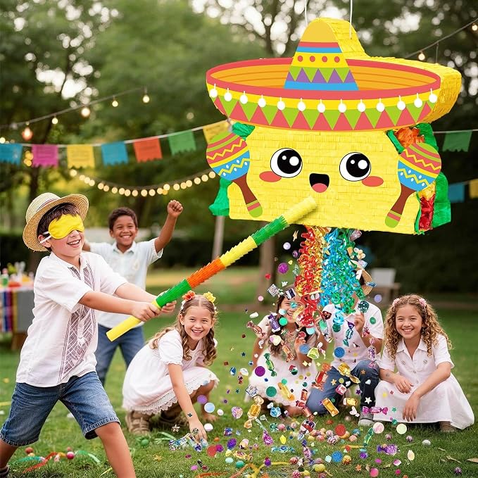 WERNNSAI Large 21" Taco Piñata - Cinco De Mayo Fiesta Theme Taco Piñata with Blindfold and Bat for Mexican Birthday Party Decorations Carnivals Festivals Supplies