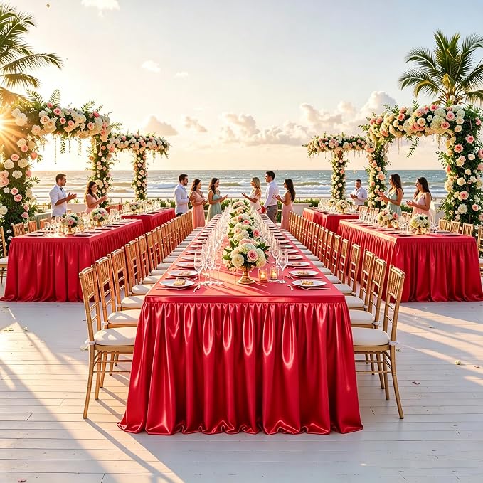 1 Pack Red Satin Tablecloths Rectangle 6FT, Glitter Spandex Fitted Stretch Table Covers Wrinkle-Free Floor Length Shimmer Table Skirt for Weddings Parties Baby Shower Banquets Vendor Events