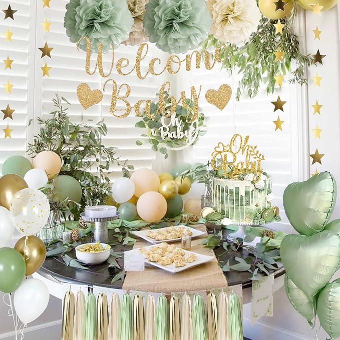 Baby Shower Decorations - Sage Green Balloons Welcome Baby Banner, Cake Topper, Paper PomPoms, Tassels, Star Banner Decor for Baby Shower Decorations Neutral Gender Reveal Party Supplies