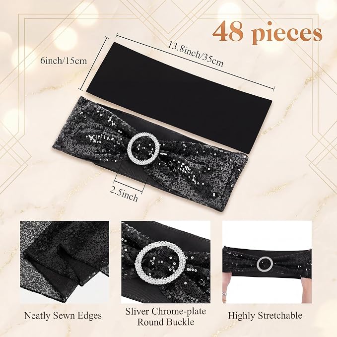 Newwiee 54 Pcs Black Sequin Chair Sashes and Table Runners, 48 Sequin Chair Bows, 6 Glitter Table Runners for Birthday Party Wedding Banquet Holiday Decorations
