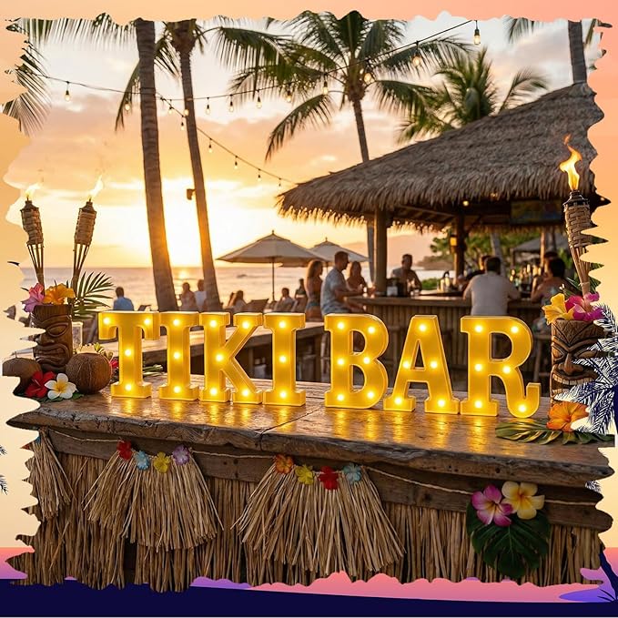 Honoson 7 Pcs Hawaiian Luau Tiki Party Decoration Tiki Bar LED Light Sign Hawaii Summer Tropical Table Lights up Sign for Summer Pool Beach Hawaiian Themed Party Supplies