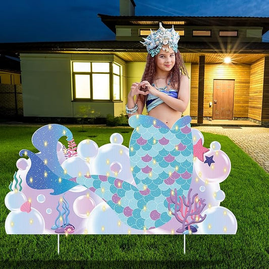 Lineshading Mermaid Party Decoration Mermaid Tail LED Yard Sign Ocean Themed Party Lawn Decorations with Lights Outdoor Lawn Signs with Stakes Decor for Birthday Decor Photo Prop Supplies