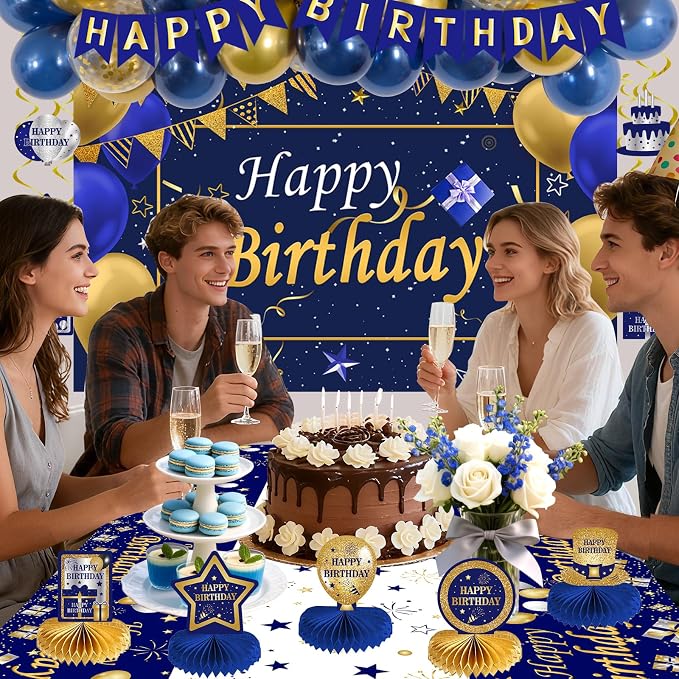 Blue and Gold Birthday Decorations, Brithday Party Decorations for Men Boys Women Girls with Blue Gold Happy Birthday Banner Decorations Tablecloth Backdrop Balloons Arch Bady Party Supplies