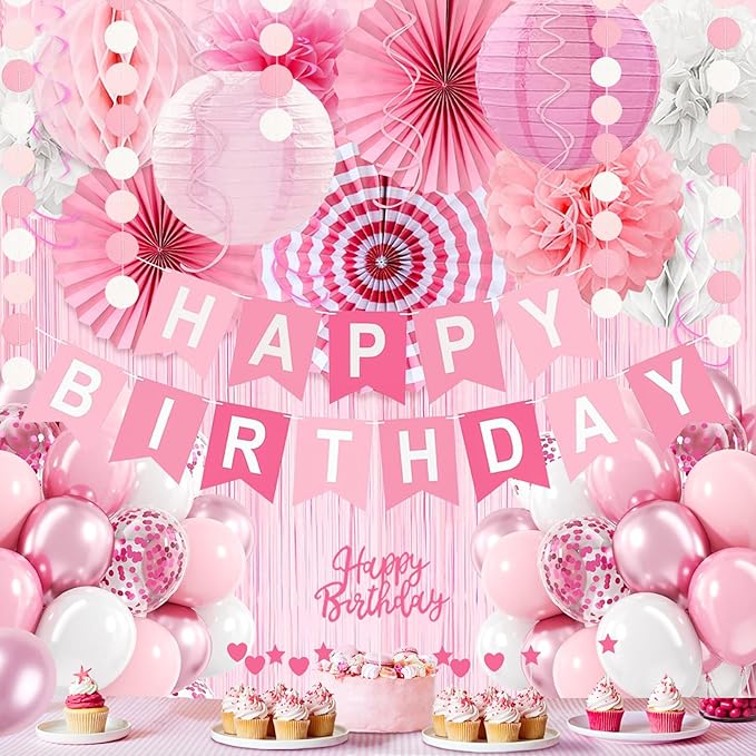 Pink Birthday Party Decorations, 66PCS Light Pink Happy Birthday Decor for Women&Girls with Banner, Balloons, Paper Fans, Flowers, Lanterns and garland etc. for Any Occasions