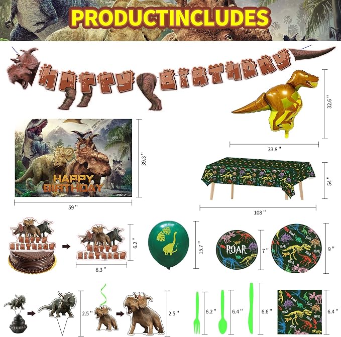Dinosaur Themed Birthday Party Decoration Kit - Includes Backdrop, Tablecloth, Birthday Banner, Cake/Cupcake Toppers, Hanging Swirls, Disposable Tableware Set, Latex and Foil Balloon(Triceratops)