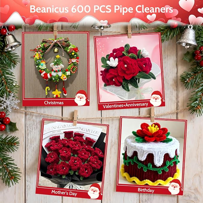 beanicus 600 PCS Valentine's Day Pipe Cleaners Craft, Pipe Cleaners Flowers Kit, Rose Flowers DIY Chenille Stems, Green and Red Pipe Cleaners, Valentines Day Rose Kit, Vday Decoration