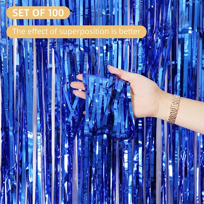 100 Pack Navy Foil Fringe Backdrop Curtains 3.2ft x 8.2ft Tinsel Foil Fringe Curtains for Birthday Party Decorations Photo Booth Backdrop for Halloween Christmas New Year Holiday Decorations