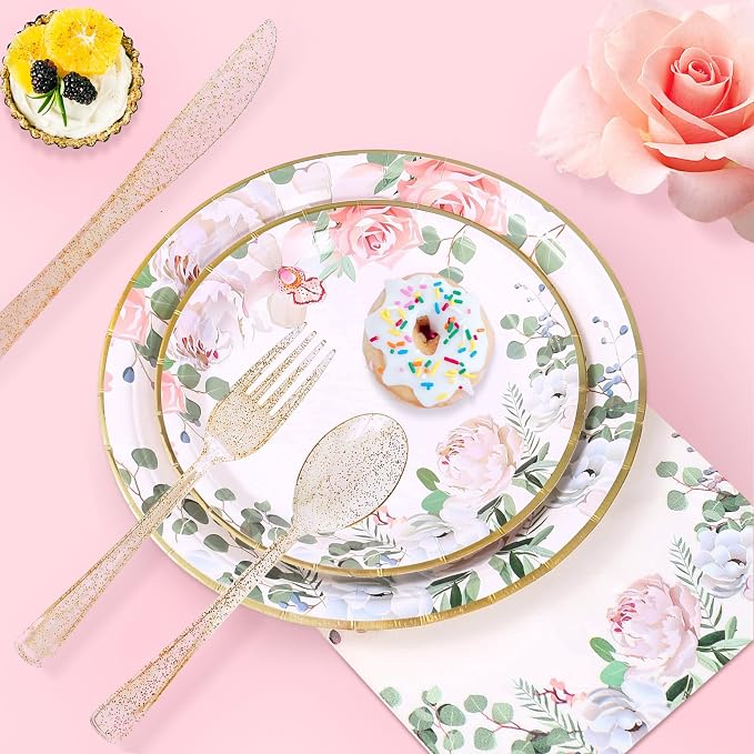 350 PCS Floral Plates and Napkins Party Supplies Serve 50 Flower Disposable Paper Dinnerware Sets for Adults Bridal Shower Decorations Baby Shower Birthday Wedding Engagement Tea