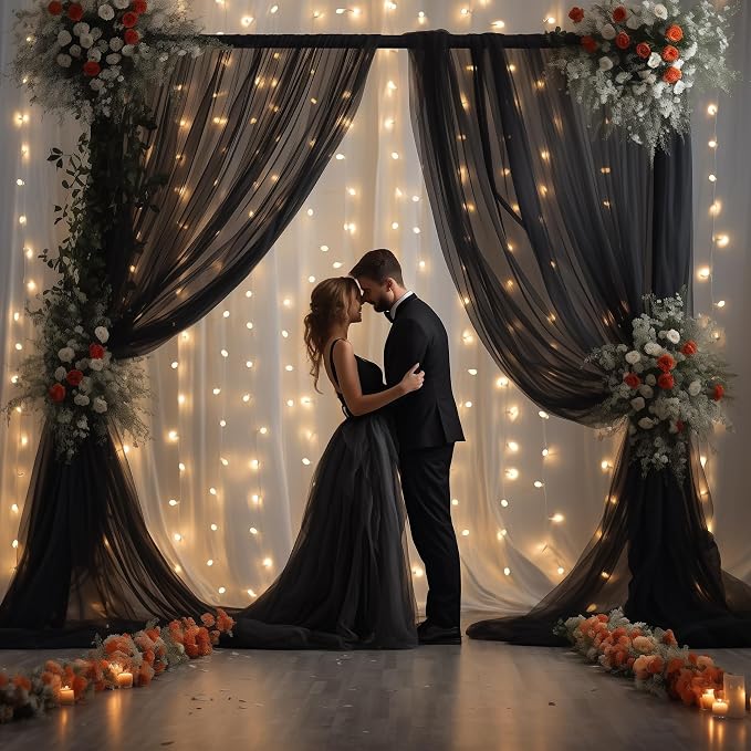30x8ft Black Tulle Backdrop Curtain with Lights String for Parites, Sheer Photo Backdrop Curtains with Lights for Wedding Backdrop Ceremony Reception Bridal Shower Baby Shower Birthday Party