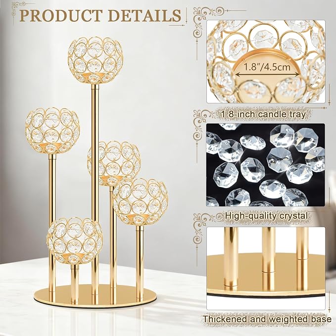 5-Arm Crystal Tealight Candelabra Centerpiece, 14.8 Inch Metal Candle Holder for Table Decor, Wedding, Christmas, Party, Anniversary & Home Decoration (4, Gold, S-14.8 in)