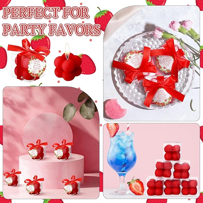 MTLEE 24 Sets Strawberry Baby Shower Favors Small Bubble Candle for Guests Tea Candles Bulk with Stylish Ribbons Cards Gifts Party Decoration(Bright Red, Strawberry)