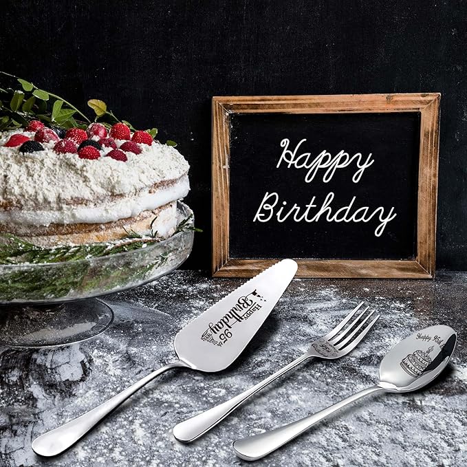Happy 95th Birthday Personalized Laser-Engraved Stainless Steel Birthday Party Utensil Set - Cake Server, Spoon, and Fork for Mother Father Husband Wife Grandmother Grandfather