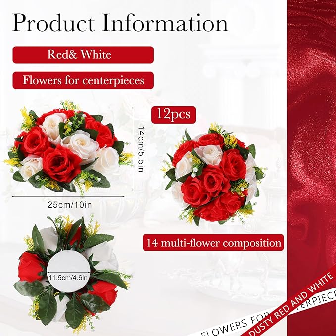 Hotop 12 Pcs Artificial Rose Flower Balls for Centerpieces, Silk Roses Kissing Balls Romantic Faux Floral Arrangements for Engagement Wedding Home Decor (Red,White)