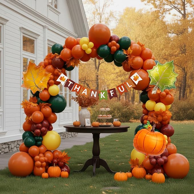 Thanksgiving Party Decorations & with Fall Color Ruby red Burnt orange Yellow Sage Green Balloon Garland Kit & Maple leaf Pumpkin Foil balloons & Banner for Autumn Birthday harvest festival Decor
