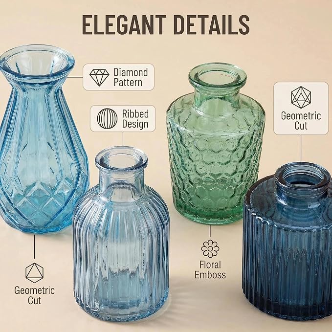 32 PCS Assorted Vintage Bud Vases, Colorful Glass Small Vases Bulk, for Centerpicecs, Wedding Table Decor, Home Decorations & Gifts (Blue Seiris)