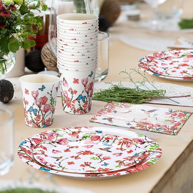 Sinmoe 400 Pcs Summer Hummingbird Floral Plates and Napkins Set Flower Dinnerware Disposable Party Supplies for 50 Guest Dinnerware Knife Fork Spoon for Summer Hummingbird Birthday Party Decoration