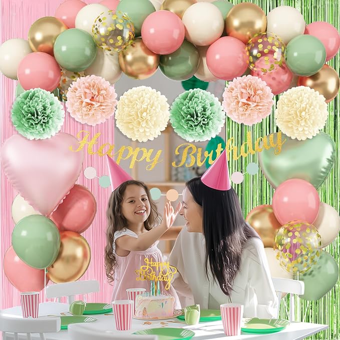 Jobkoo Sage Green Pink Birthday Decorations, Blush Pink Olive Green Gold Sand White Latex Confetti Balloons Boho Happy Birthday Banner Fringe Curtain Pompom for Women Girls Woodland Fairy Party Decor