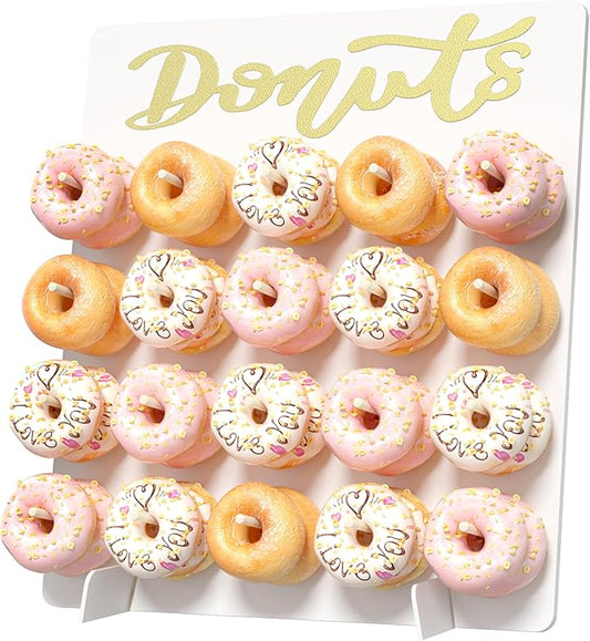 Wooden Donut Wall Display Stand - Holder for 20 Doughnuts, Board for Grow Up Party, Birthday, Wedding, Baby Shower Decorations (White)