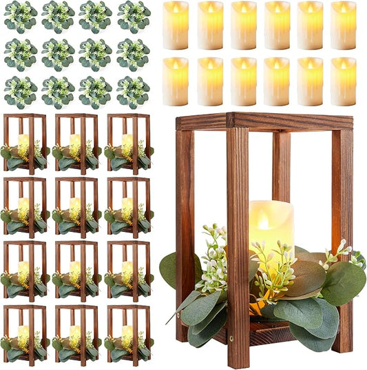 36 Pcs /12 Set Wooden Wedding Lantern Centerpiece-Wooden Candle Lantern Bulk Includes 12 Farmhouse Wooden Candle Holder 12 Flameless LED Candles 12 Eucalyptus Leaves Wreath for Decoration