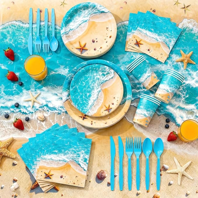 Beach Birthday Party Decorations, Beach Party Supplies, Plates and Napkins Sets [300 GSM], Tablecloths, Fringe Curtains, Banner, Ocean Themed Party Decorations, Under The Sea Beach Party Decorations
