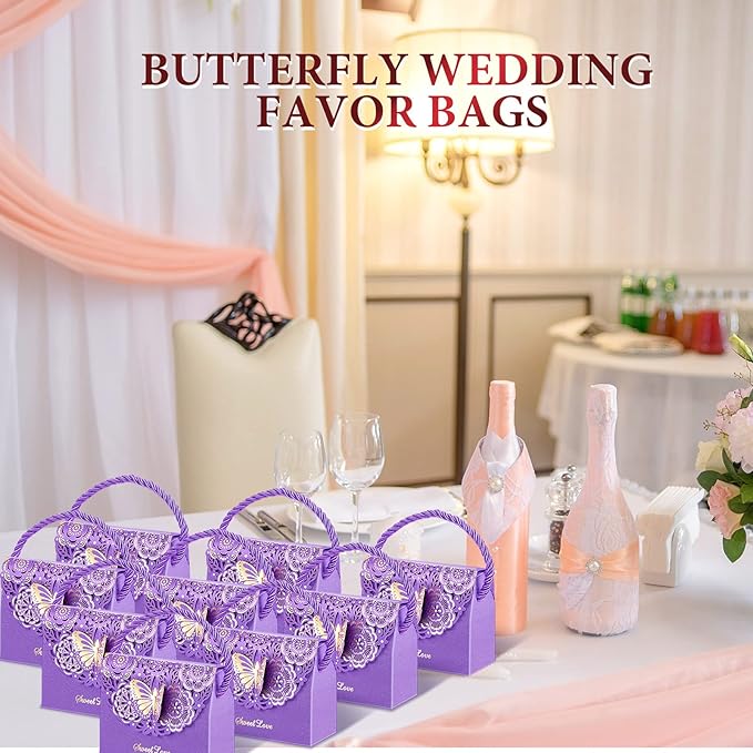 Outus 50 Pcs Butterflies Purse Party Favor Bags Favor Boxes Butterfly Goodie Bags Candy Party Treat Boxes for Wedding, Birthday, Bridal Shower Gift Supplies(Purple)