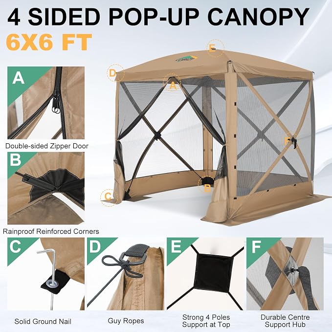 COBIZI 6x6 FT Pop up Gazebo, Popup Canopy Tent, Screened in Gazebos with sidewalls, Waterproof Portable Outdoor Small Screen Tents Sun Shelter,carpas para Patio for Camping, Garden and Backyard,Khaki