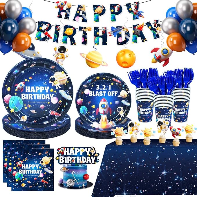 Space Themed Birthday Party Decorations Plates Set, All-In-One Outer Space Planet Party Plates Napkins Cups Forks Banner Hanging Swirls Cake Cupcake Toppers Tablecloth Balloons Kit