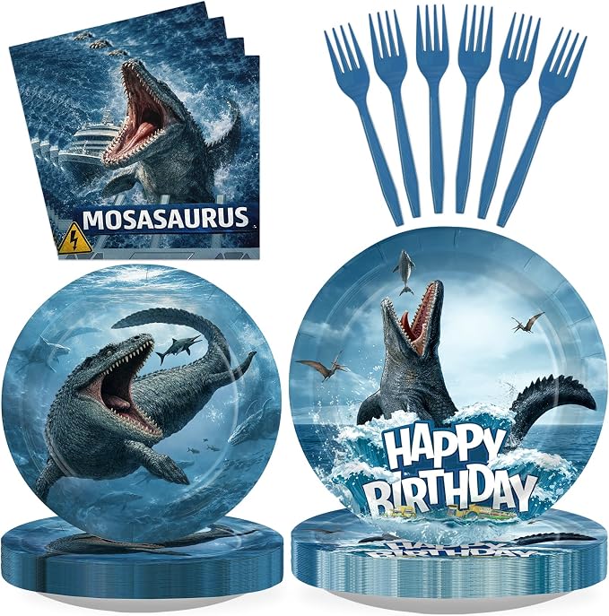 96 Pcs Mosasaurus Dinosaur Birthday Party Decoration Mosasaurus Themed Plates and Napkins Ocean Dinosaur Tableware Set for Kids Dino Birthday Baby Shower Party Supplies, Serves 24