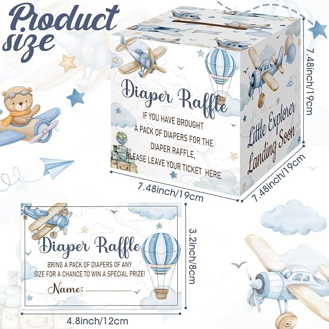 Teling 51 Pieces Diaper Raffle Tickets with Card Box Baby Shower Decorations Baby Shower Holder Box for Girl Boy Diaper Raffle Party(Airplane Style)