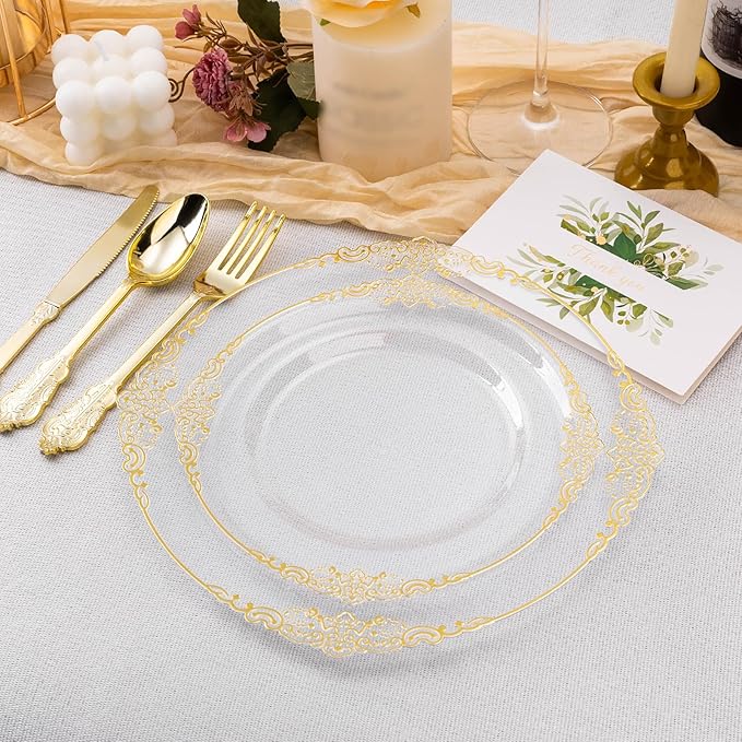 Bestluck 200 PCS Clear and Gold Plastic Plates for 100 Guests, Elegant Clear Disposable Plates with Gold Trim, Include 100 PCS Dinner Plates, 100 PCS Dessert Plates for Party, Birthday and Graduation