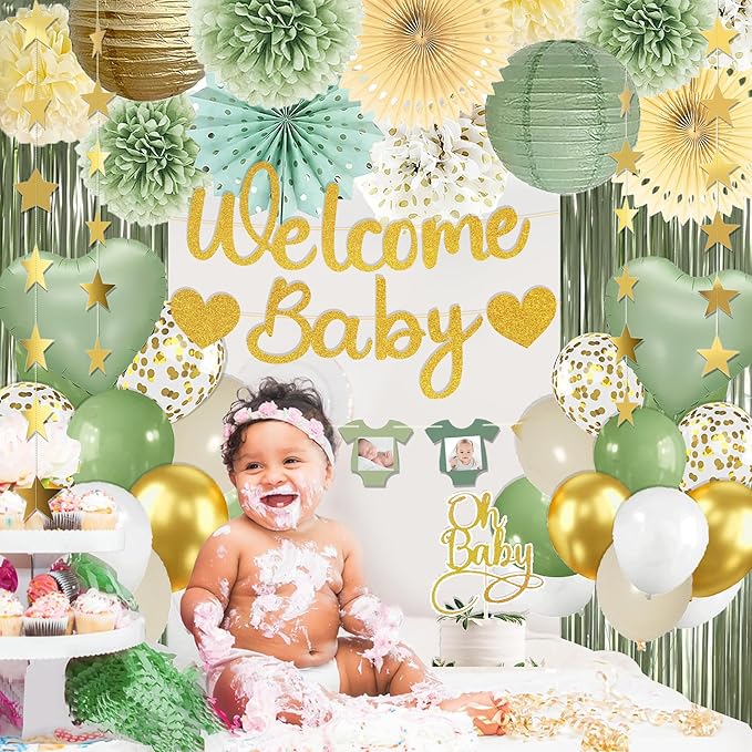 Sage Green Baby Shower Decorations - Gender Neutral Baby Shower Decor Set with Welcome Baby Banner, Tissue Pom Poms, Paper Lanterns, Flower Fans, Balloons, "Oh Baby" Cake Topper & Star Garland
