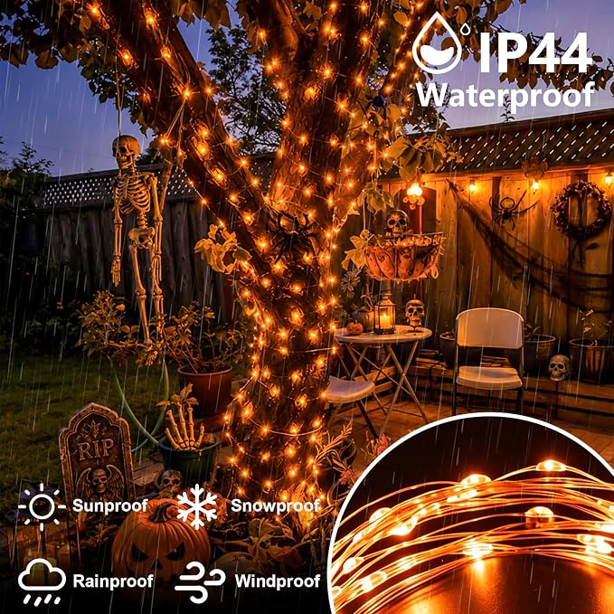 QITONG 4 Pack Solar Halloween Lights, Each 33ft 100 LED Orange Fairy Light Outdoor Waterproof, 8 Modes Silver Wire Christmas Twinkle Mini String Lights