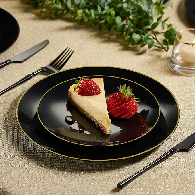 Plasticpro 128 Piece Combo Plate Set includes 64-7'' inch Plates & 64-10'' inch Dinner Plates Black Plastic With Gold Rim Design Party Plates, Premium heavyweight Elegant, Disposable