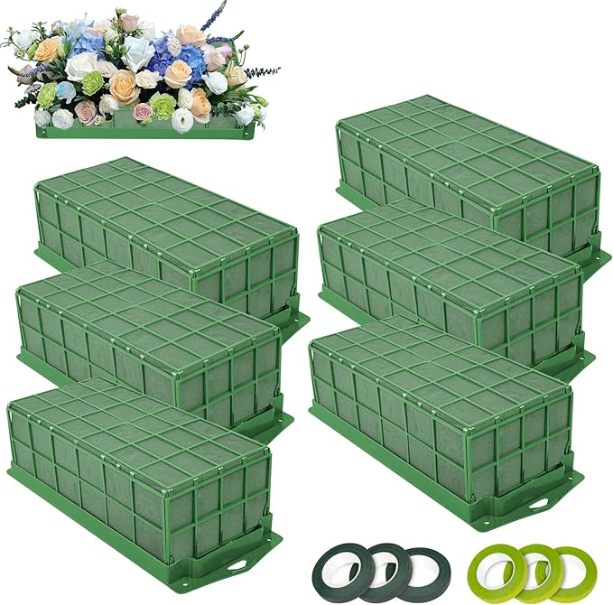 6PCS Floral Foam Cage, Flower Cage Holder, Dry and Wet Rectangle Flower Arrangement, Hangable Green Blocks Floral Foam Cages for Artificial Flesh Flower Wedding Holiday, Home, Garden Party Decorations