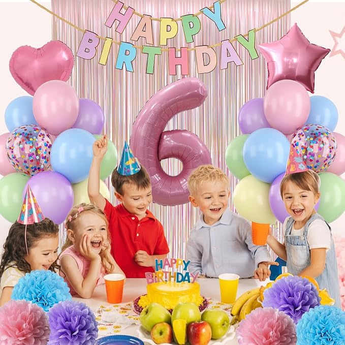 Pastel 6th Birthday Party Decorations for Girls Number 6 Balloon Happy Birthday Banner Butterfly Stickers Fringe Curtain Paper Pom Poms Macaron Pink Star Heart Foil Colorful Balloons 6 Year Old Decor