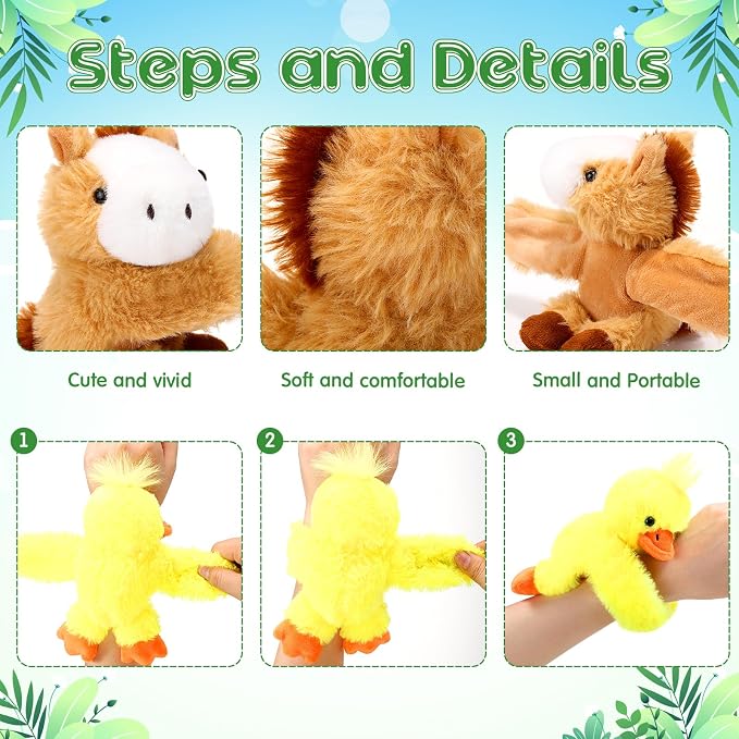 Gemscream 6 Pcs Stuffed Animal Slap Bracelets for Kids, 8 Inch Back to School Small Classroom Prizes Toy, Wrist Snap Bracelets Birthday Gifts for Boys Girls Pet Adoption Party Favors(Farm Animals)