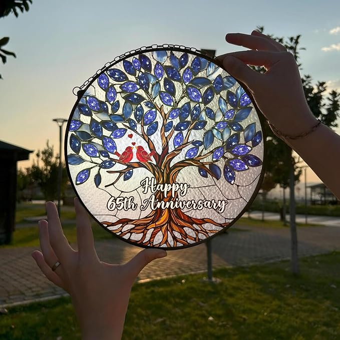 65th Wedding Anniversary Stained Glass Suncatcher, 6x6' Anniversary Decorations, 65th Celebration Marriage Gifts for Parents, Couple, Wife & Husband, 65 Wedding Milestone Keepsake