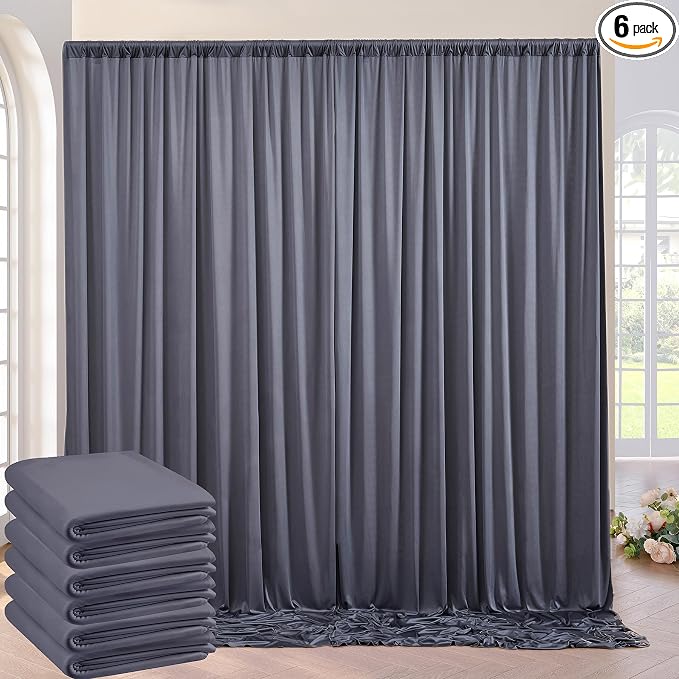 30ft×10ft Wrinkle Free Grey Backdrop Curtains for Parties, 6 Panels 5×10ft Soft Silky Polyester Charcoal Photo Backdrop Drapes for Birthday Baptims Baby Shower Wedding Photography Backgrounds