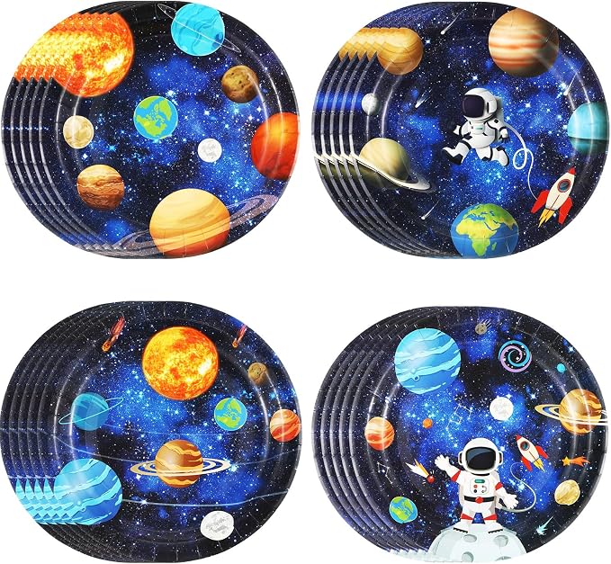 Funnymoom 60 Pcs Space Theme Party Decorations 9 Inch Astronaut Outer Space Paper Plates Solar System Birthday Party Supplies for Kids Galaxy Planet Rocket Ship Theme Decoration