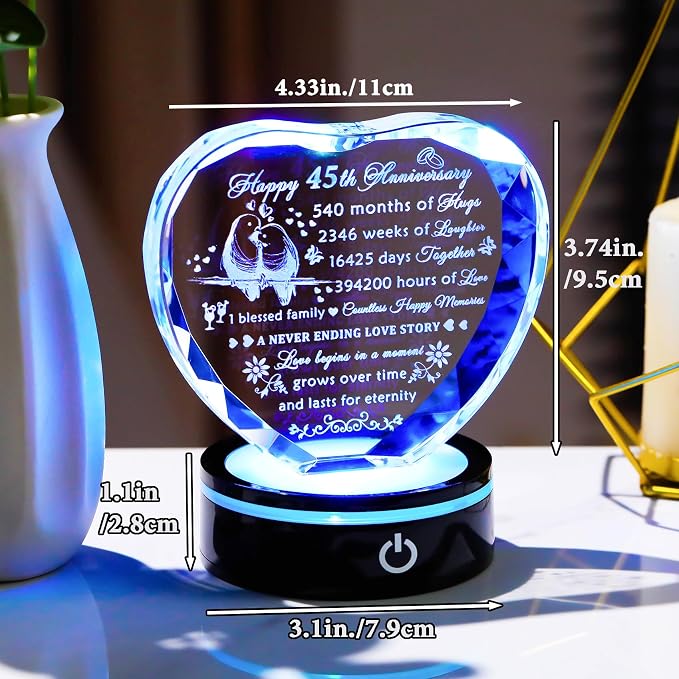 YWHL 45th Wedding Anniversary Crystal Heart Gifts for Couple Parents, Laser Engraved Romantic 45 Year Anniversary Crystal Keepsake Gifts for Wife Husband, 45 Years of Marriage Gifts for Her Him