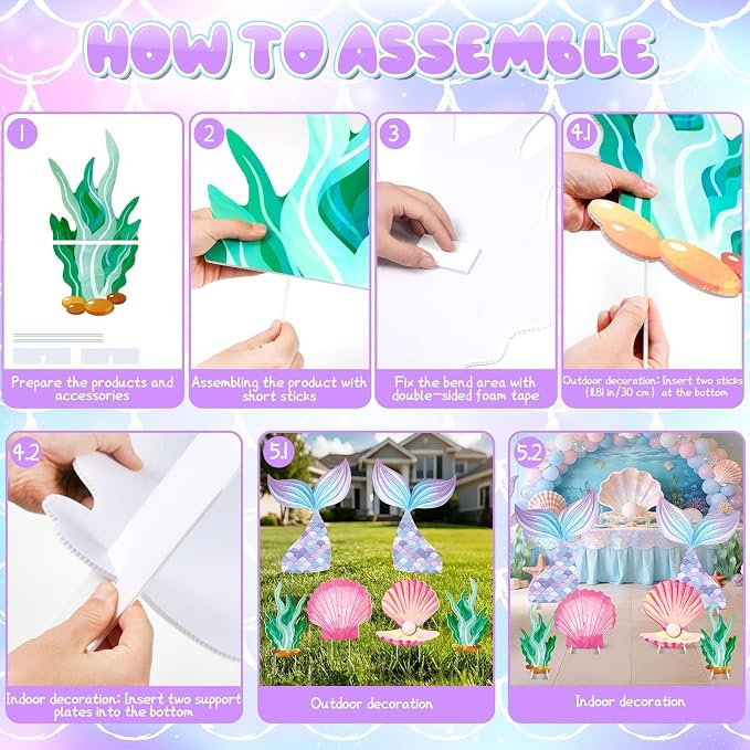6 Pcs Mermaid Backdrop Under The Sea Birthday Party Decorations Large Mermaid Tail Seaweed Seashell Cardboard Cutouts Ocean Theme Booth Photo Props for Baby Shower Indoor Outdoor Decor