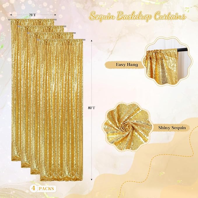 PartyDelight Gold Sequin Backdrop Curtains 2x8ft 4 Panels | 3mm stitched sequin curtain with 4 inch rod pocket for 2x8ft 4 panel fuller wall coverage pleated backdrop and 8ft stand