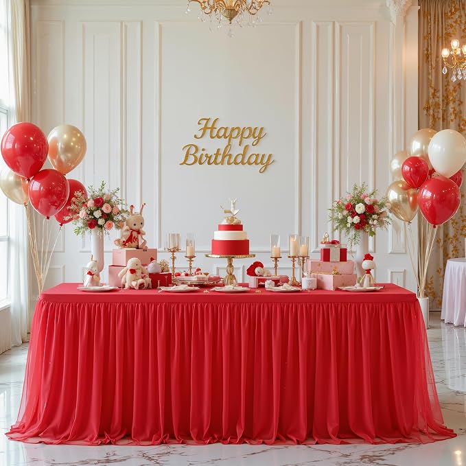 Red Tablecloth Rectangle 8 Foot Fitted Stretch Elastic Tulle Ruffle Tablecloths Rectangular Spandex Table Covers 8ft Birthday Baby Shower Wedding Party Table Cloths with Skirt